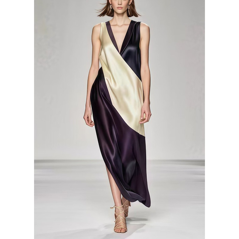 Unique Black Side Open Patchwork Silk Vestidos Dresses Summer