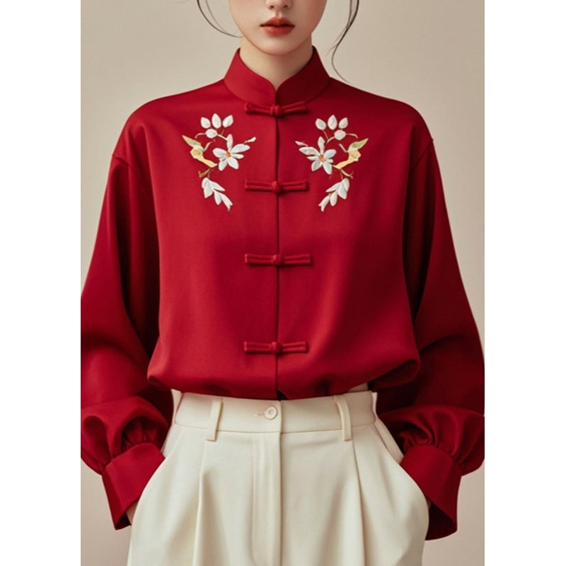 Vogue Red Stand Collar Button Silk Cotton Fall Tops