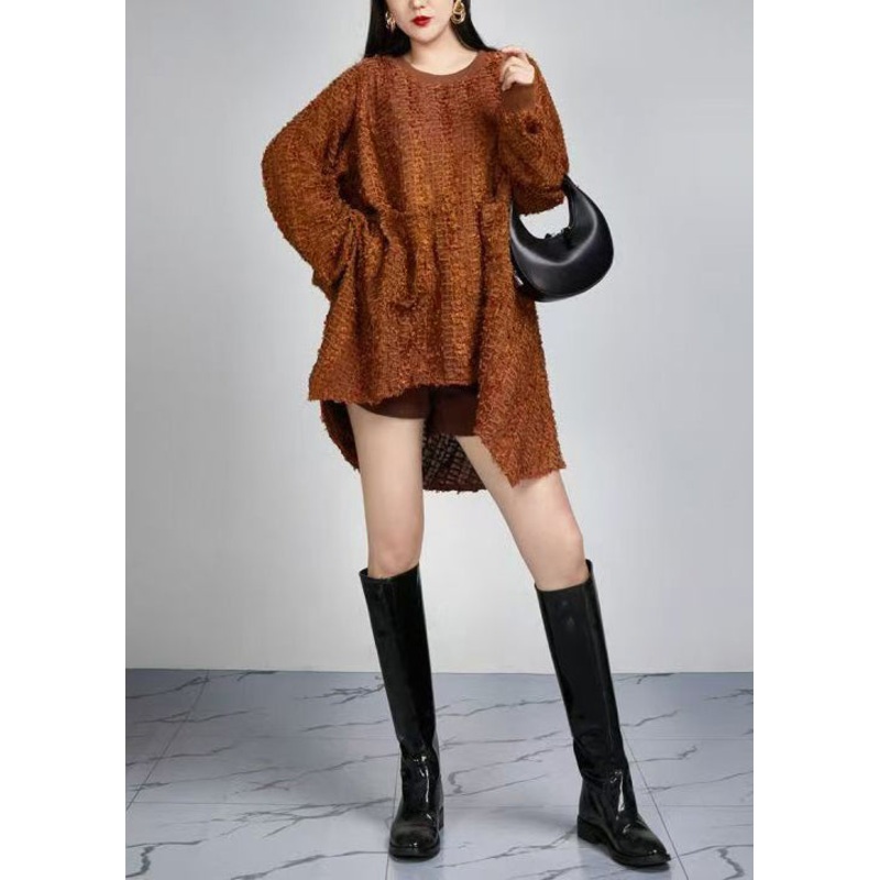 Women Brown O-Neck Low High Design Tops Fall