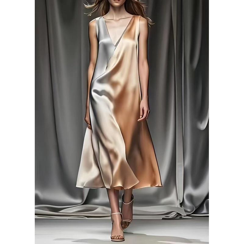 Women Gradient Color V Neck Draping Silk Robe Dresses Summer