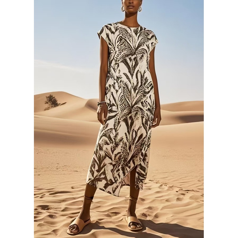 Art Brown Print Cotton Long Dress Summer
