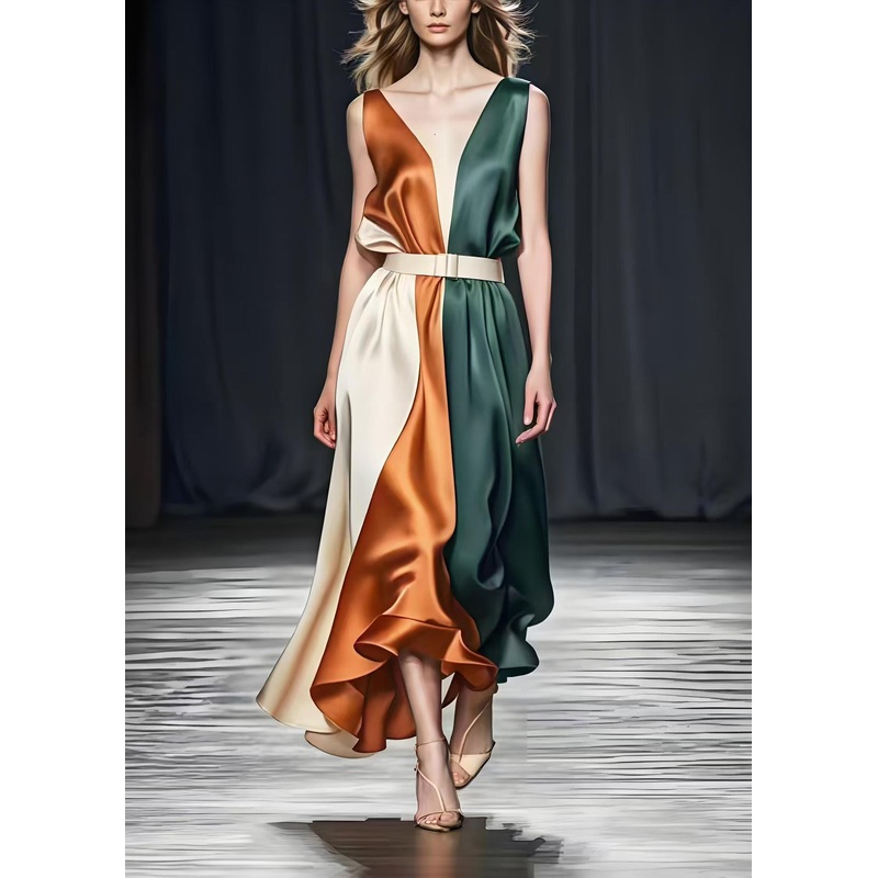 Art Colorblock Cinched Patchwork Exra Large Hem Silk Vacation Dresses Summer