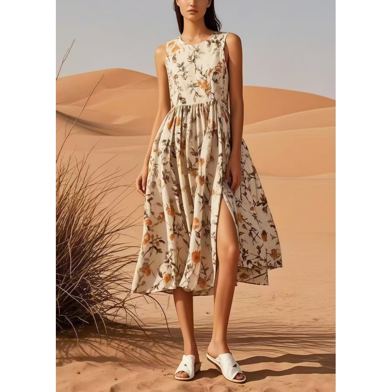 Beautiful Apricot Print Side Open Cotton Long Dress Sleeveless