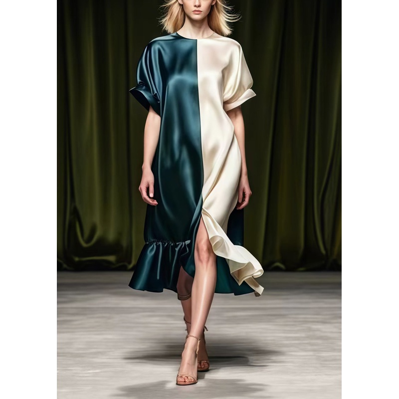 Beautiful Colorblock Asymmetrical Patchwork Side Open Silk Vacation Dresses Summer