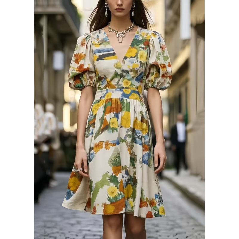 Beautiful Puff Sleeve Print Cotton Mini Dress Summer