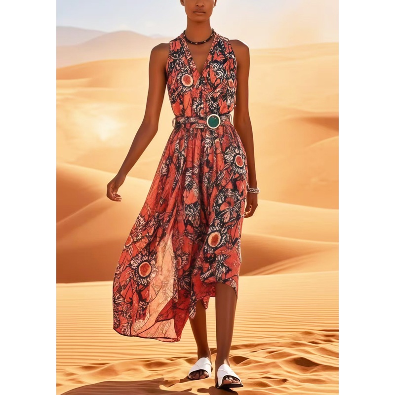 Beautiful Red Print Cotton Tunic Dress Sleeveless