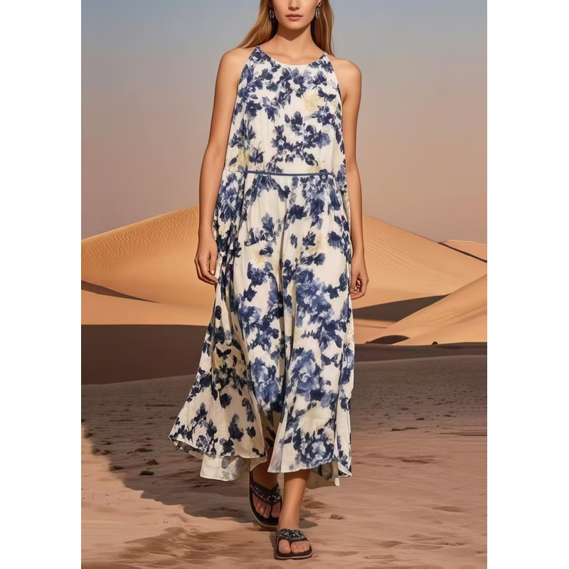 Blue Print Cotton Long Dress Cold Shoulder Summer