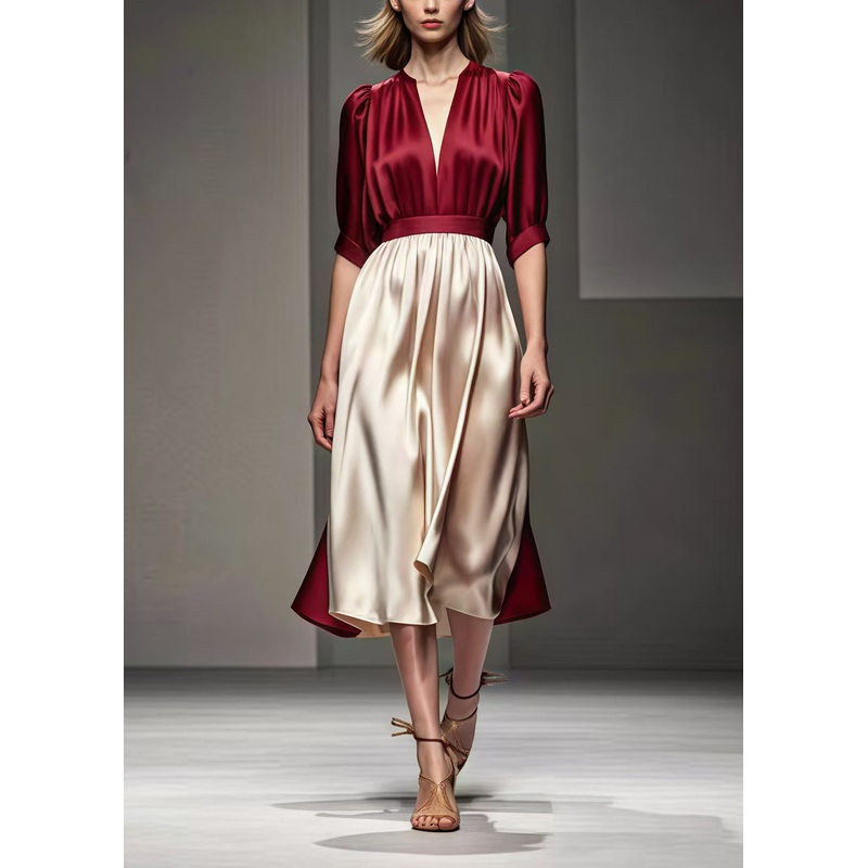 Bohemian Mulberry Cinched Patchwork Silk Long Dress Summer