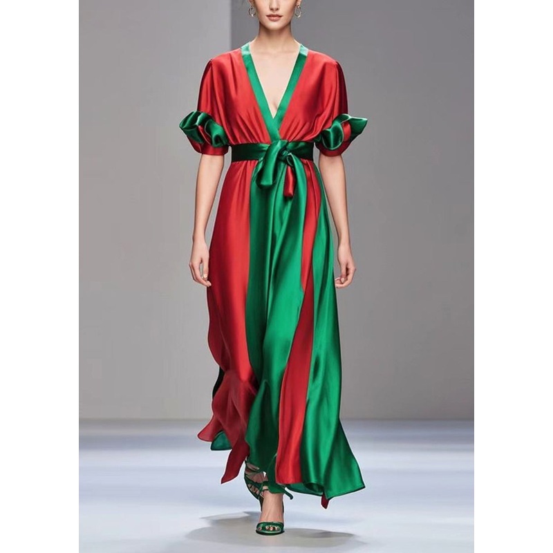Bohemian Red Cinched Patchwork Draping Silk Dress Petal Sleeve