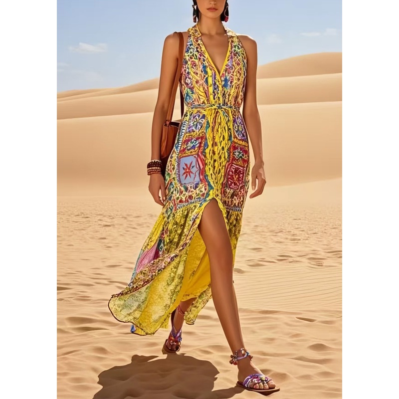 Stylish Yellow Print Side Open Cotton Holiday Dress Sleeveless