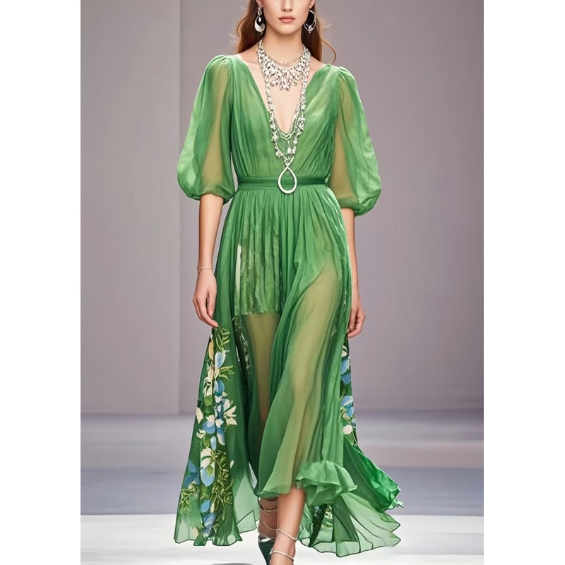 Unique Grass Green Puff Sleeve Print Chiffon Dress Summer
