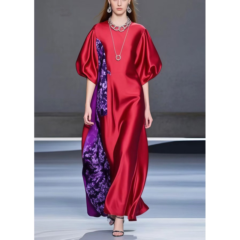 Unique Red Puff Sleeve Patchwork Silk Party Dress Summer