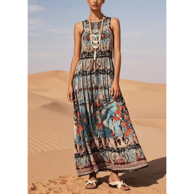 Vintage Black Print Cotton Long Dress Sleeveless