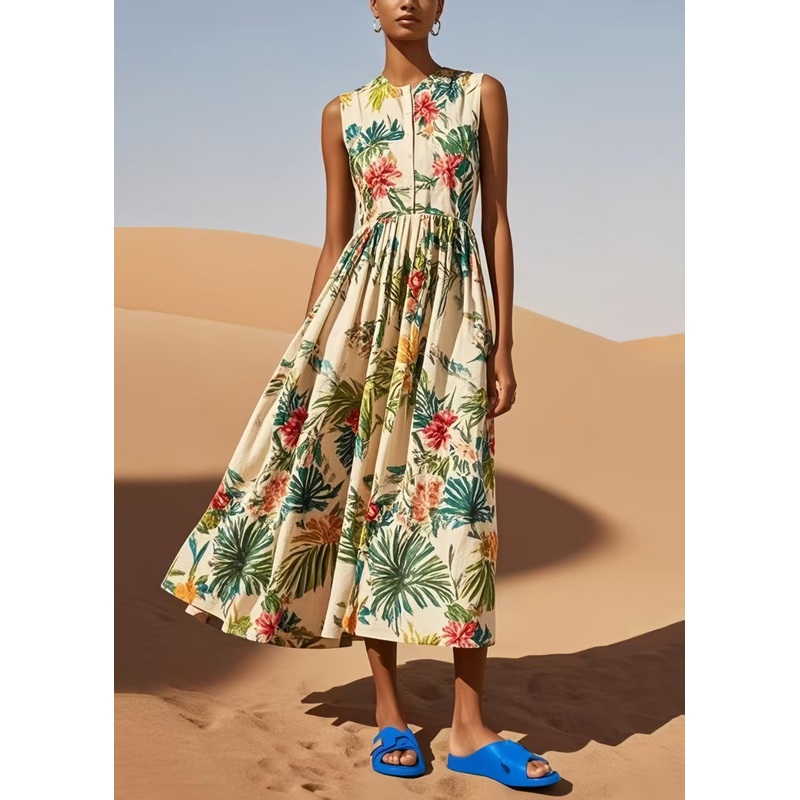 Women Apricot Print Exra Large Hem Cotton Robe Dresses Sleeveless