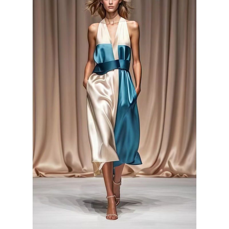 Women Colorblock Cold Shoulder Patchwork Silk Halter Dresses Summer