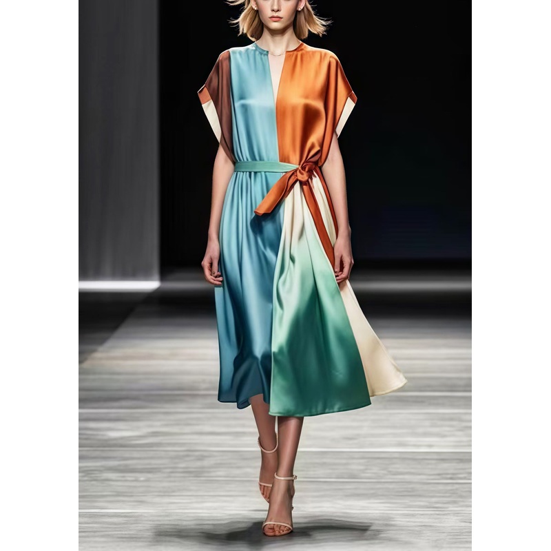 Women Colorblock Tie Waist Patchwork Silk Vacation Dresses Summer