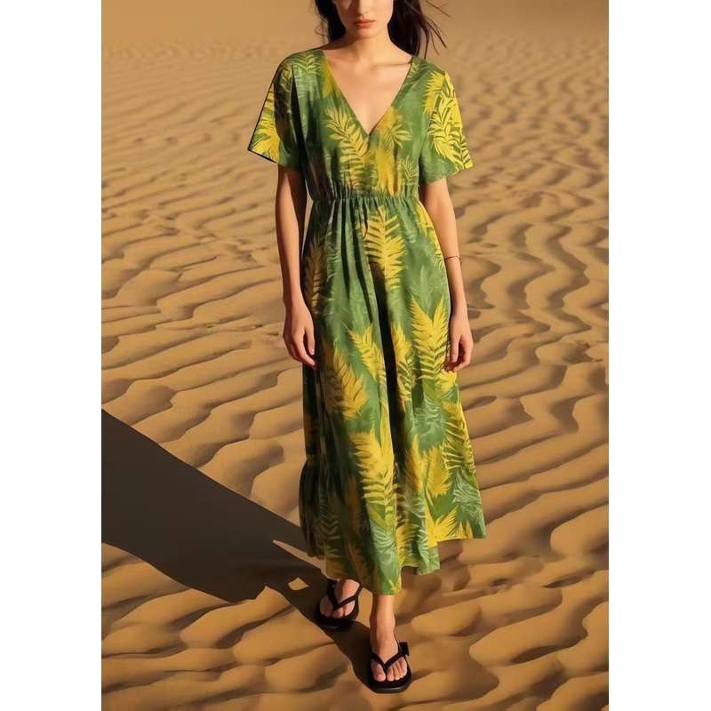 Women Grass Green Print Cotton Maxi Dresses Summer