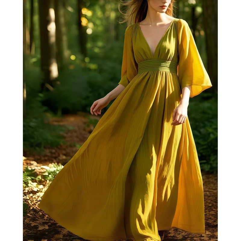 Women Khaki V Neck Exra Large Hem Cotton Ankle Dress Summer