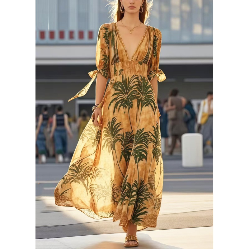 Women Khaki V Neck Print Cotton Holiday Dresses Summer