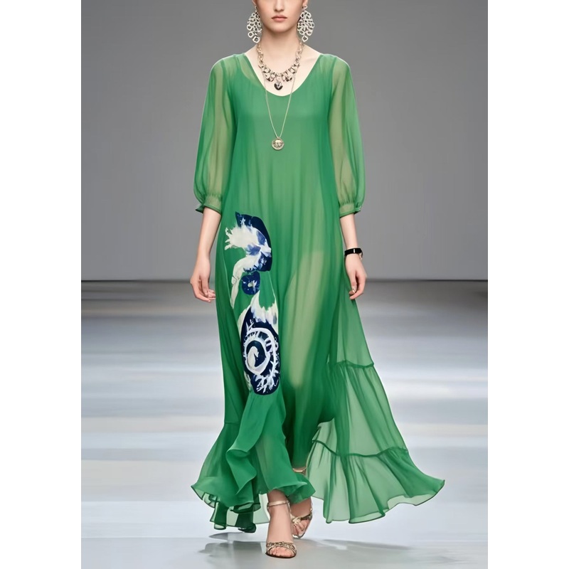 Women Tea Green Oversized Print Chiffon Beach Dress Summer