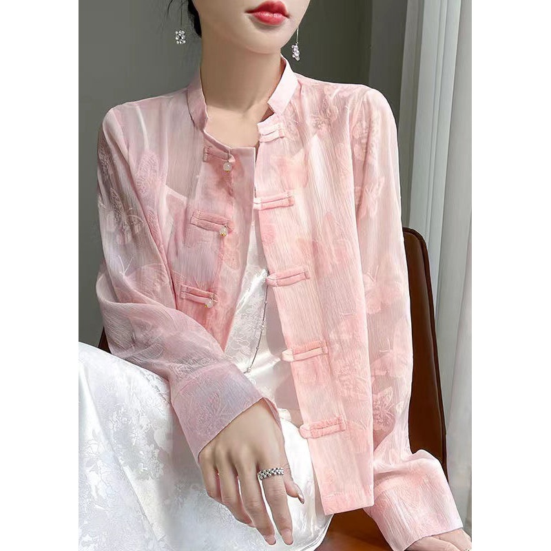 Art Pink Butterfly Button Silk Blouse Fall