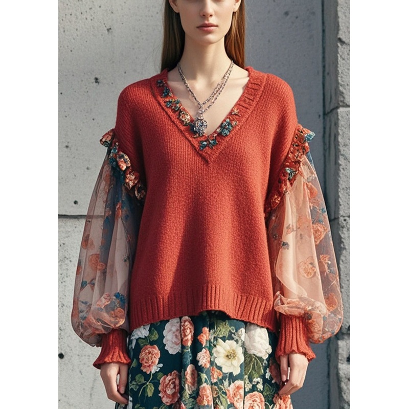 Beautiful Dull Red Ruffled Patchwork Print Short Sweater Lantern Sleeve