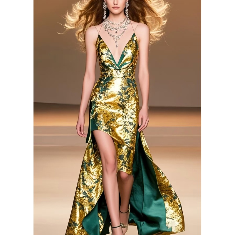 Beautiful Golden Jacquard Low High Design Silk Vestidos Dress Summer
