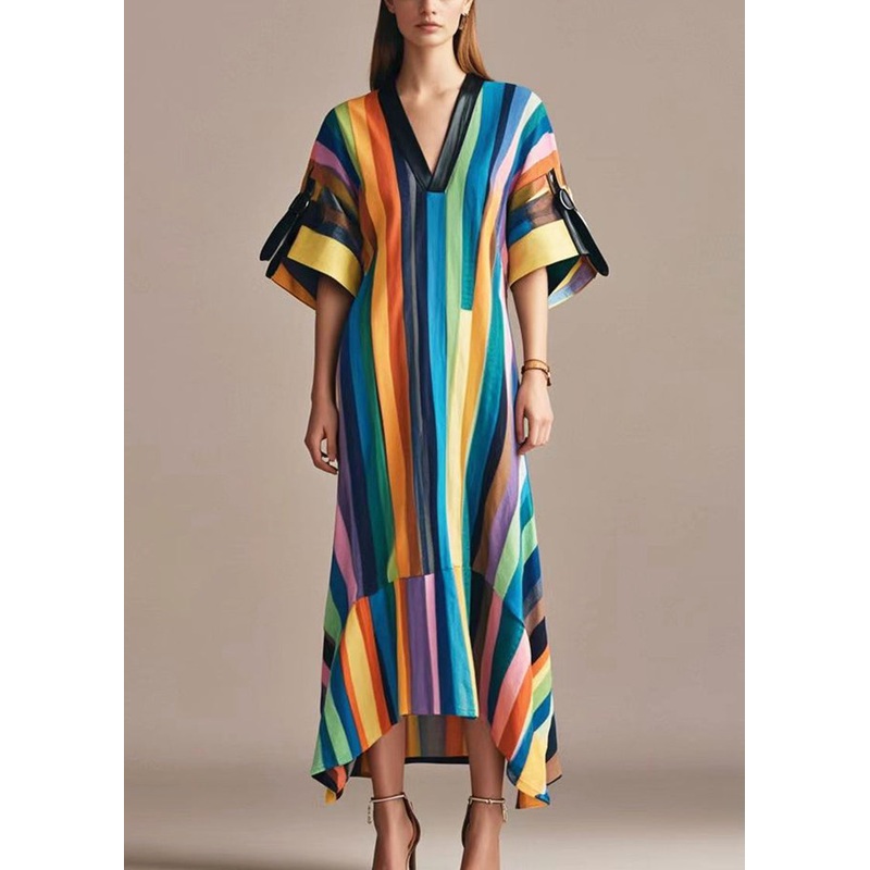 Beautiful Rainbow V Neck Striped Cotton Long Dress Summer