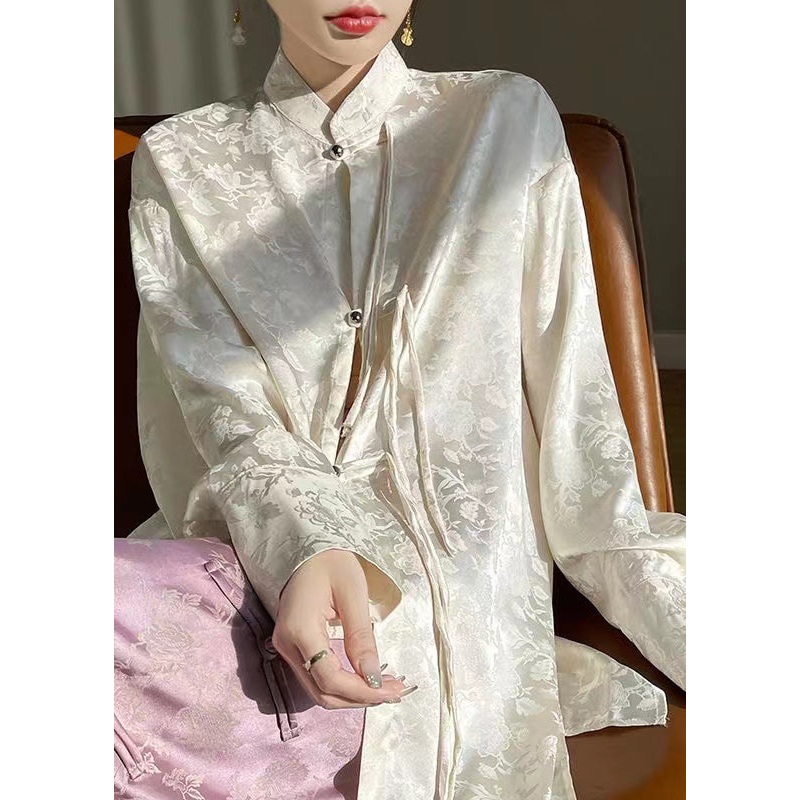 Beige Print Silk Shirt Stand Collar Long Sleeve