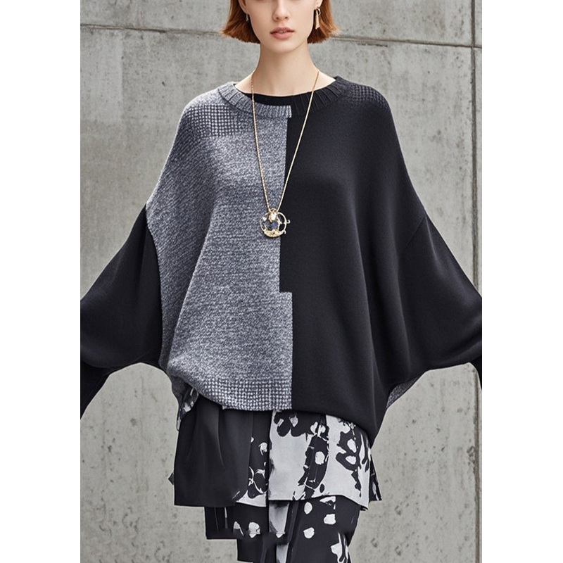 Black Patchwork Knit Pullover Oversized Batwing Sleeve