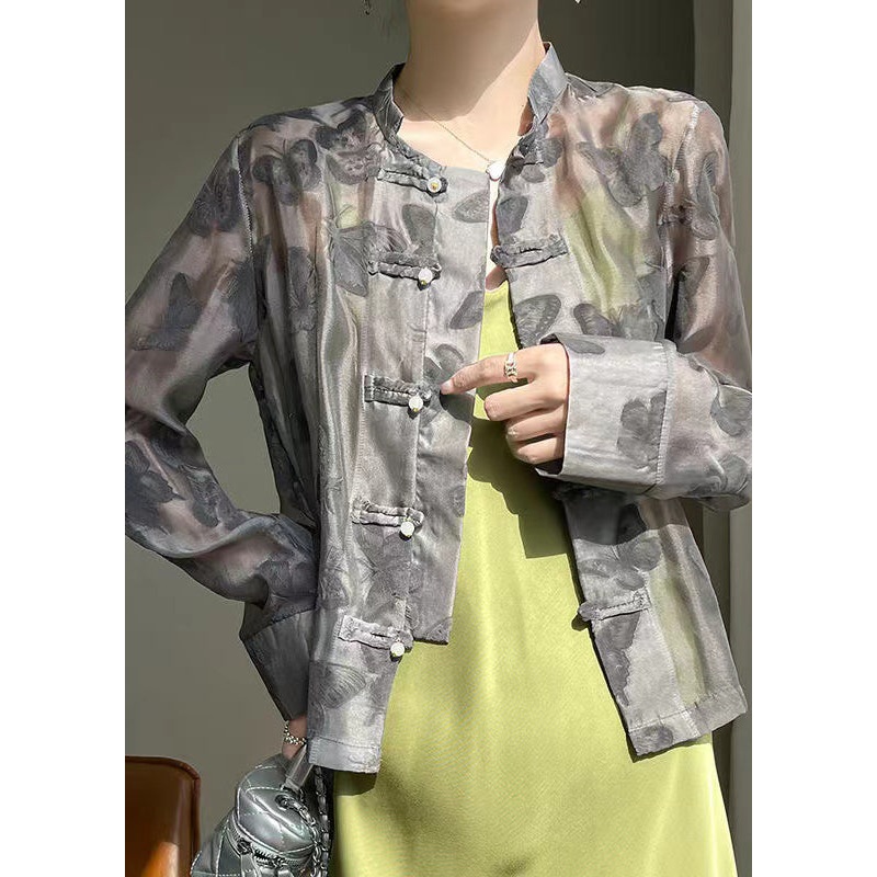 Black Stand Collar Thin Silk Shirt Long Sleeve
