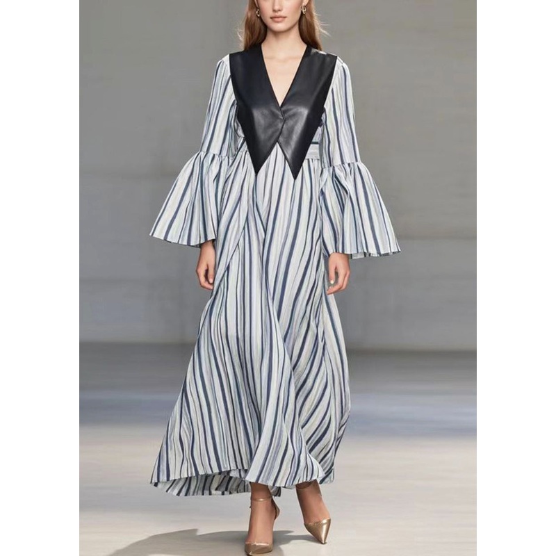 Blue Striped Patchwork Faux Leather Cotton Long Dress Flare Sleeve