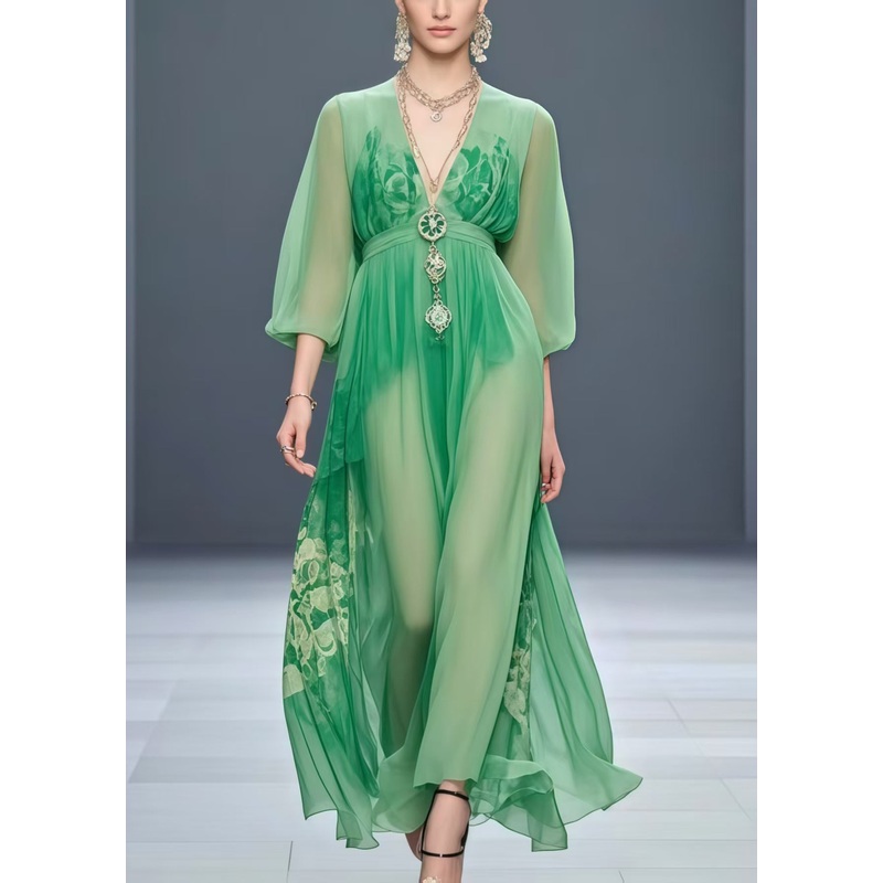Bohemian Grass Green Cinched Print Chiffon Robe Dresses Spring