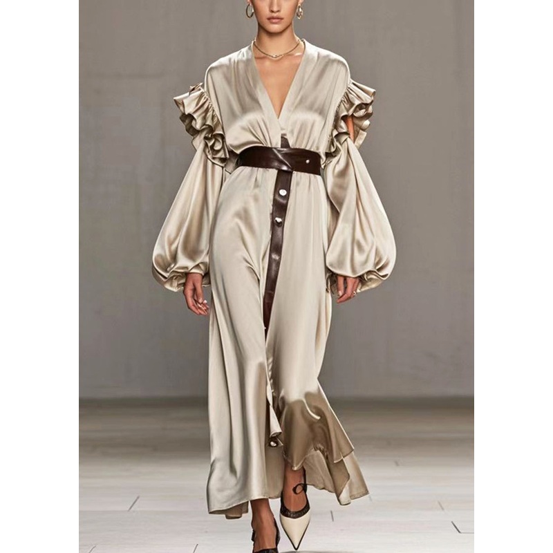 Bohemian Khaki Ruffled Hollow Out Silk Holiday Dress Lantern Sleeve