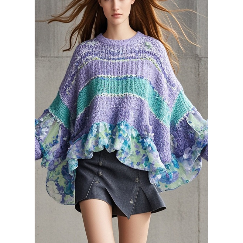 Bohemian Lavender Oversized Patchwork Print Knit Sweaters Batwing Sleeve