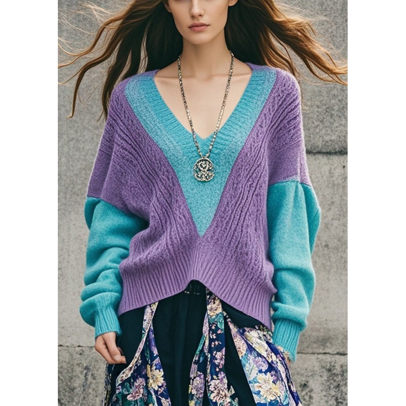 Boho Colorblock V Neck Patchwork Knit Cozy Sweater Tops Fall