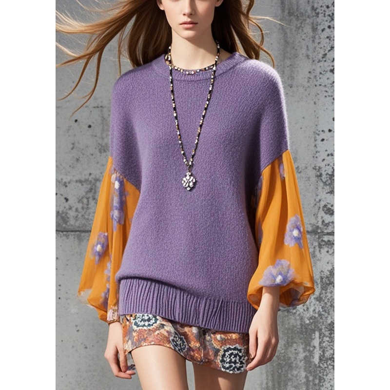 Casual Purple Patchwork Flower Knitted Tops Fall