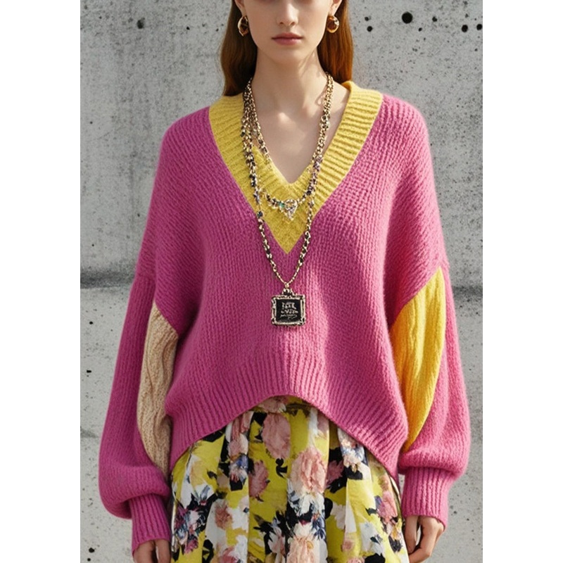 Casual Rose Oversized Patchwork Warm Knit Sweaters Fall