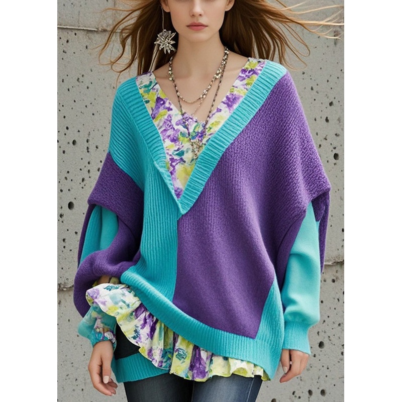 Chic Colorblock Asymmetrical Patchwork Knit Sweater Tops Fall