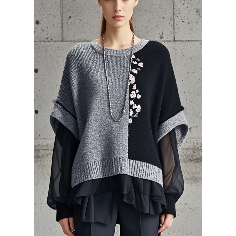 Chic Grey Asymmetrical Patchwork Tulle Knitted Tops Fall