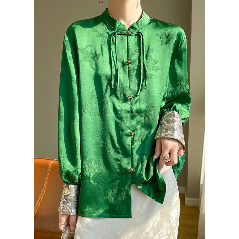 Chinese Style Green Button Print Silk Shirts Fall
