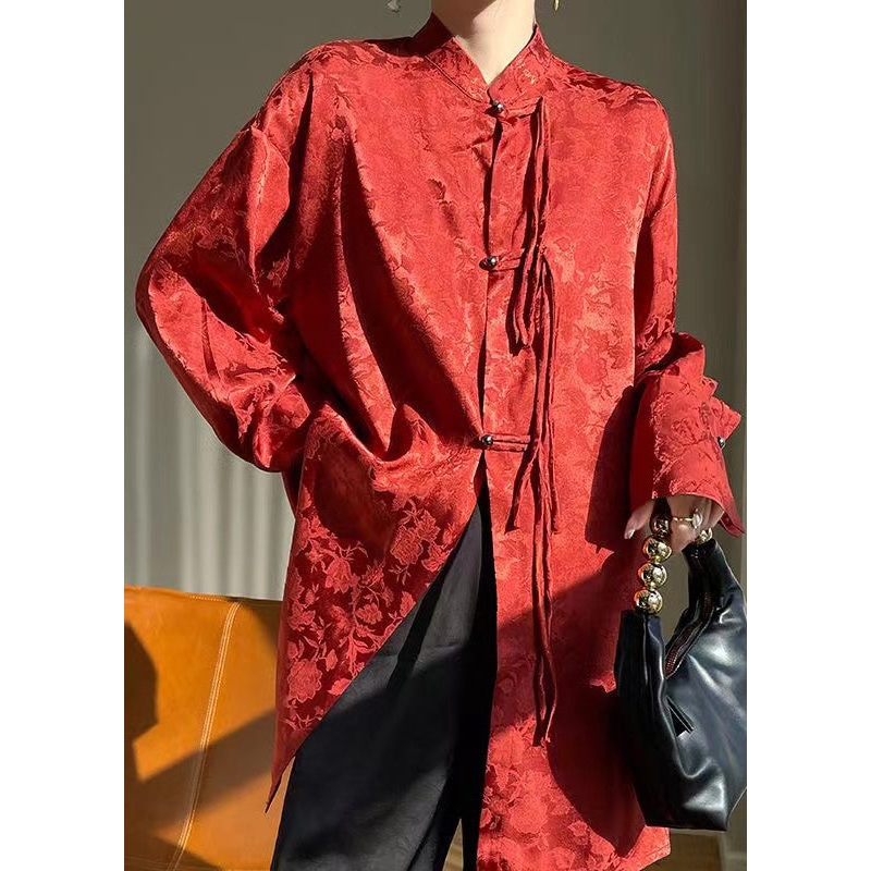 Chinese Style Red Stand Collar Button Silk Shirt Fall