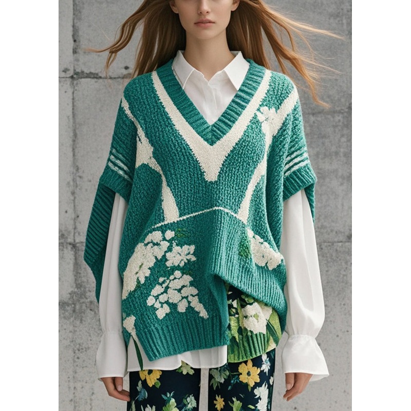 DIY Green Asymmetrical Jacquard Knitted Tops Short Sleeve