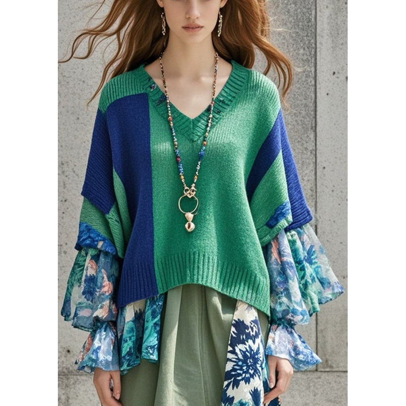 DIY Tea Green Oversized Patchwork Print Knit Sweater Tops Fall