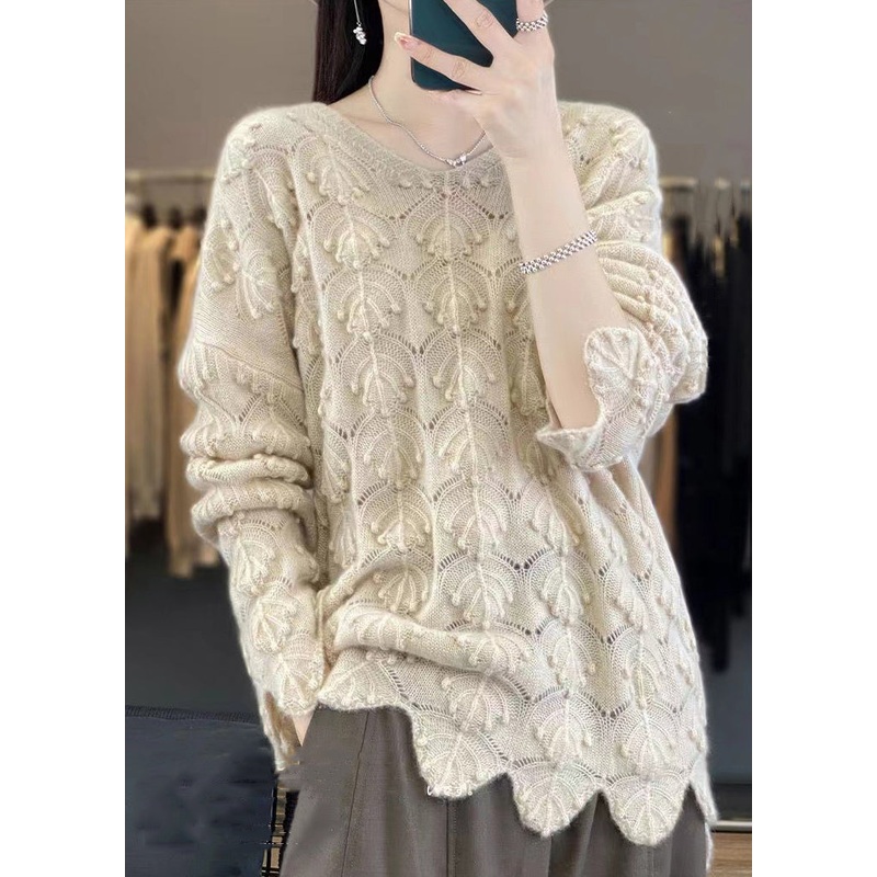 Elegant Light Camel V Neck Hollow Out Woolen Knit Sweaters Fall