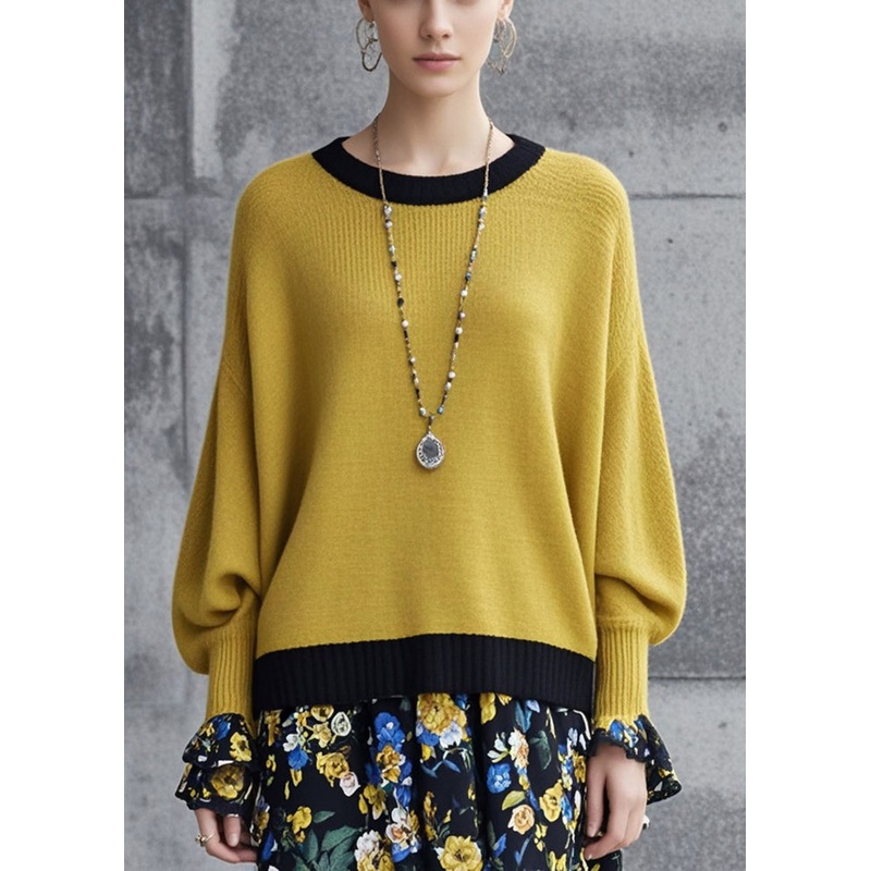 Elegant Yellow Oversized Patchwork Knit Sweaters Fall