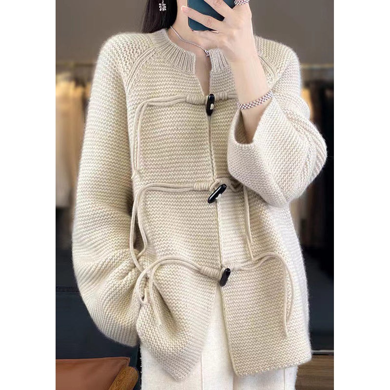 French Beige Button Cozy Woolen Knit Coats Fall
