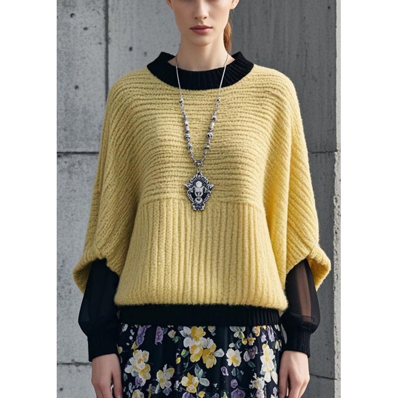 Italian Yellow Patchwork Tulle Fake Two Piece Sweater Tops Fall
