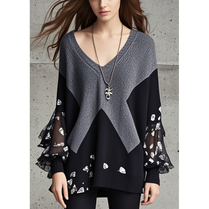 Organic Grey V Neck Patchwork Print Knit Sweater Fall