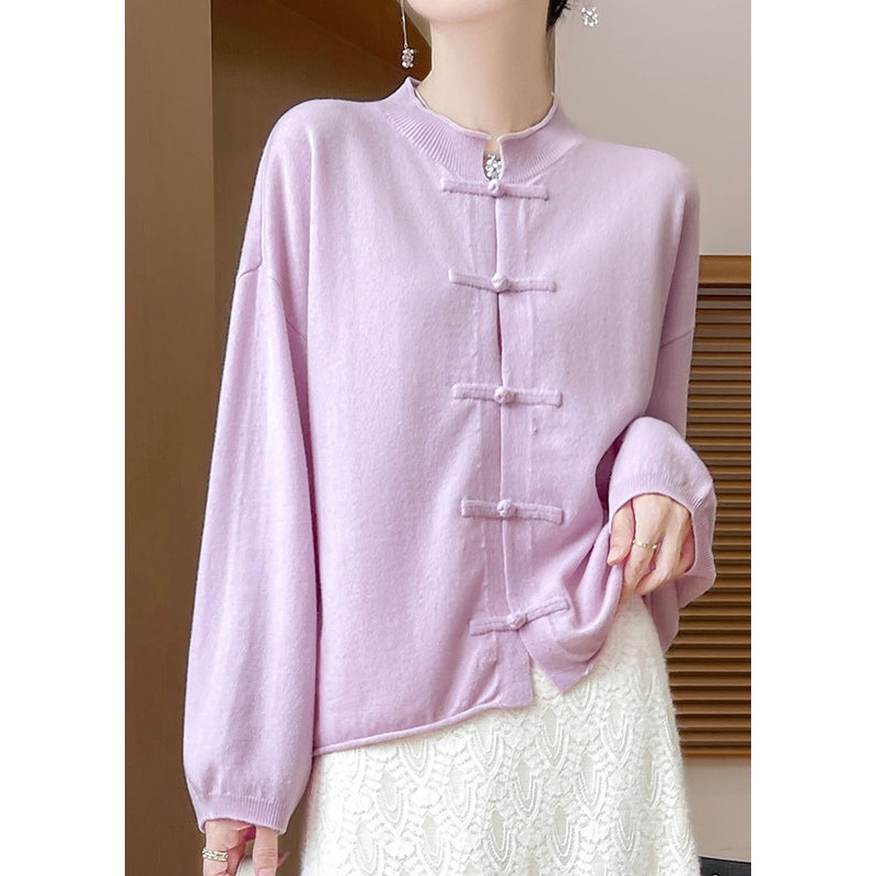 Purple Cozy Woolen Knit Coat O Neck Long Sleeve